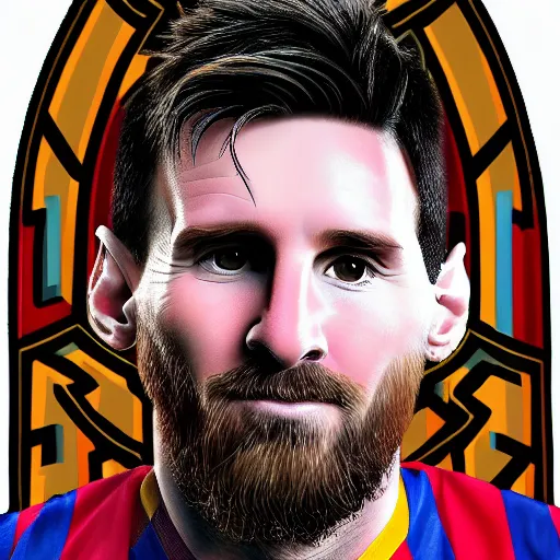 Prompt: Close-up portrait of Lionel Messi, long silver hair with a long beard, big nose, wearing a barca cape, katsuhiro tomo, pixel art