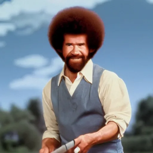 Image similar to bob ross smashing his canvas with a baseball bat, tv show, photography, destructive,