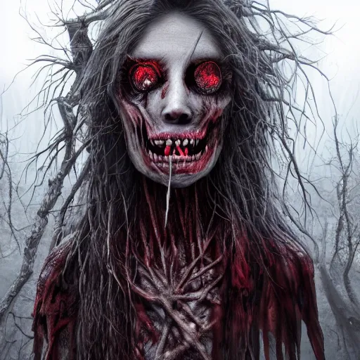 Image similar to A realistic detailed photo of a creepy witch, red eyes, destroyed body, dead skin, dead trees, detailed body, teeth filled with cavities, foggy landscape, creepy, light particles, detailed light, realistic shaders, trending on artisation, detailed textures, detailed, realistic.