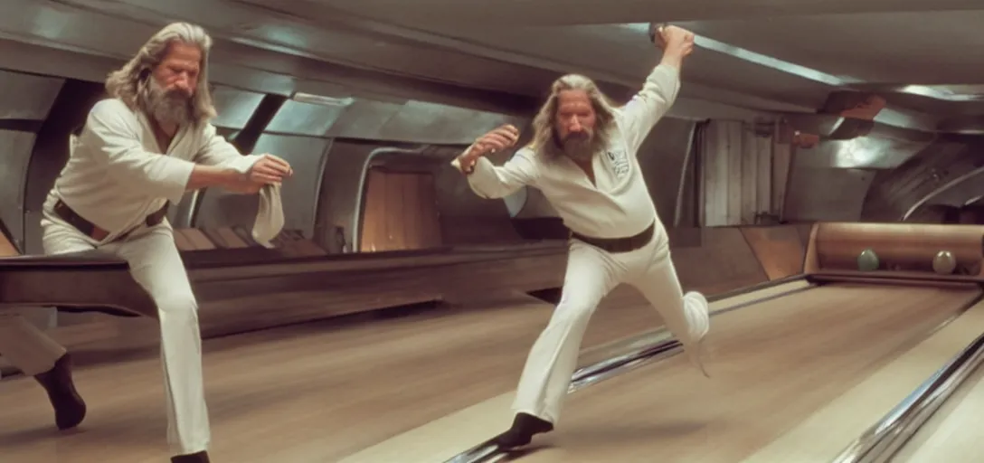 Image similar to Jeff Bridges The Dude throwing bowling balls down a bowling lane in Star Wars