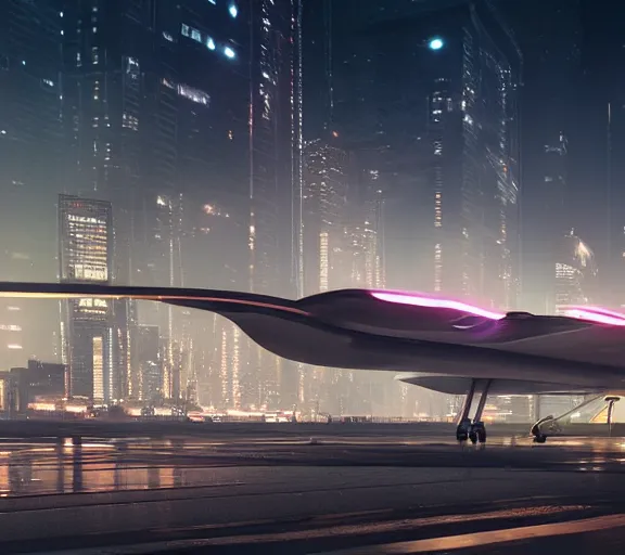 Image similar to futuristic sci fi jet lands at runway of cyberpunk city, night photo ,cinematic lighting , digital concept art