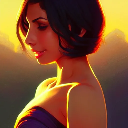 Image similar to Morena Baccarin, sunset background, intricate, highly detailed, digital painting, artstation, official media, anime key visual, concept art, rich vivid colors, ambient lighting, sharp focus, illustration, art by Artgerm, Makoto Shinkai, Ilya Kuvshinov, Lois Van Baarle, and Rossdraws