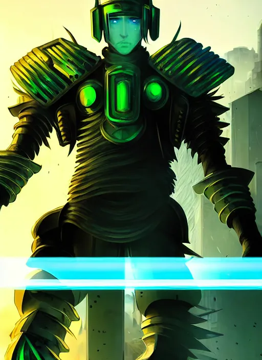 Image similar to a striking cinematic full body manga portrait of a male warrior with long blonde hair and blue eyes wearing evil green spiked cyberpunk armour and standing in the desolate burning ruins of a futuristic city by hirohiko araki and beeple, fine details, digital art, character concept art, volumetric lighting, cinematic light, photorealistic