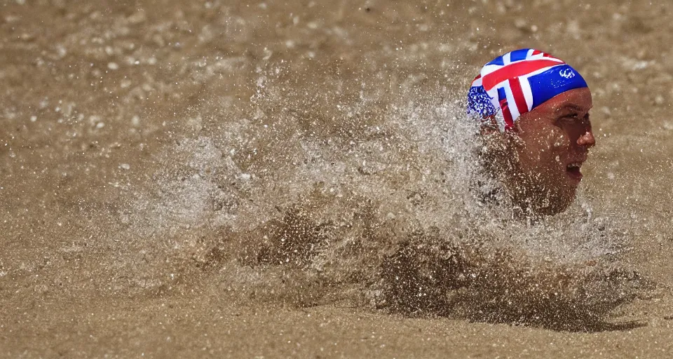 Image similar to olympic swimming in sand instead of water, extremely coherent, motion blur