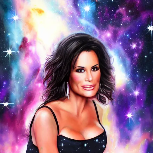 Image similar to a portrait of lisa ann in the space with nebulae, realistic painting, high definition, digital art, matte painting, very detailed, realistic