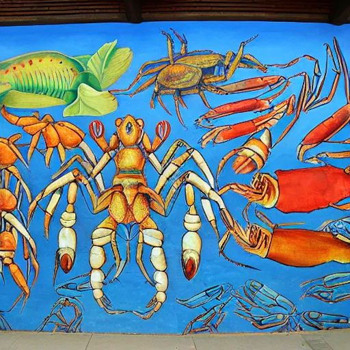 Image similar to mural of a crustacean revolution in the style of diego rivera