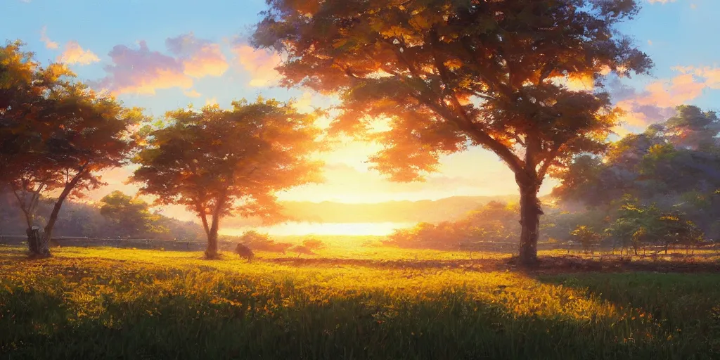 Image similar to an extraordinarily beautiful oil painting of a landscape in spring during sunrise ; the most beautiful painting in the world ; by makoto shinkai
