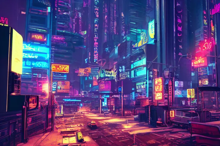 Image similar to a cyberpunk city with neon signs, streetview, cinematic lighting, photorealism.