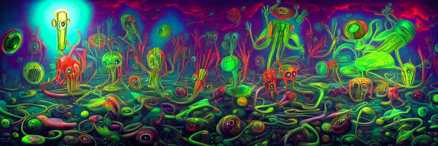 Image similar to strange plankton creatures from the depths of the collective unconscious, dramatic lighting, surreal darkly colorful painting by ronny khalil