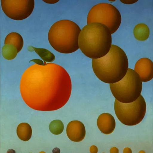 Prompt: the son of man but with an orange instead of an apple, painting by rene magritte, high detail, high resolution