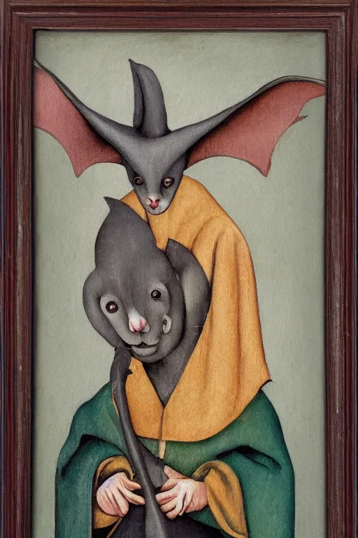 Image similar to silly hieronymus bosch framed oil painting of a bat in fancy felt robes. muted colour palette