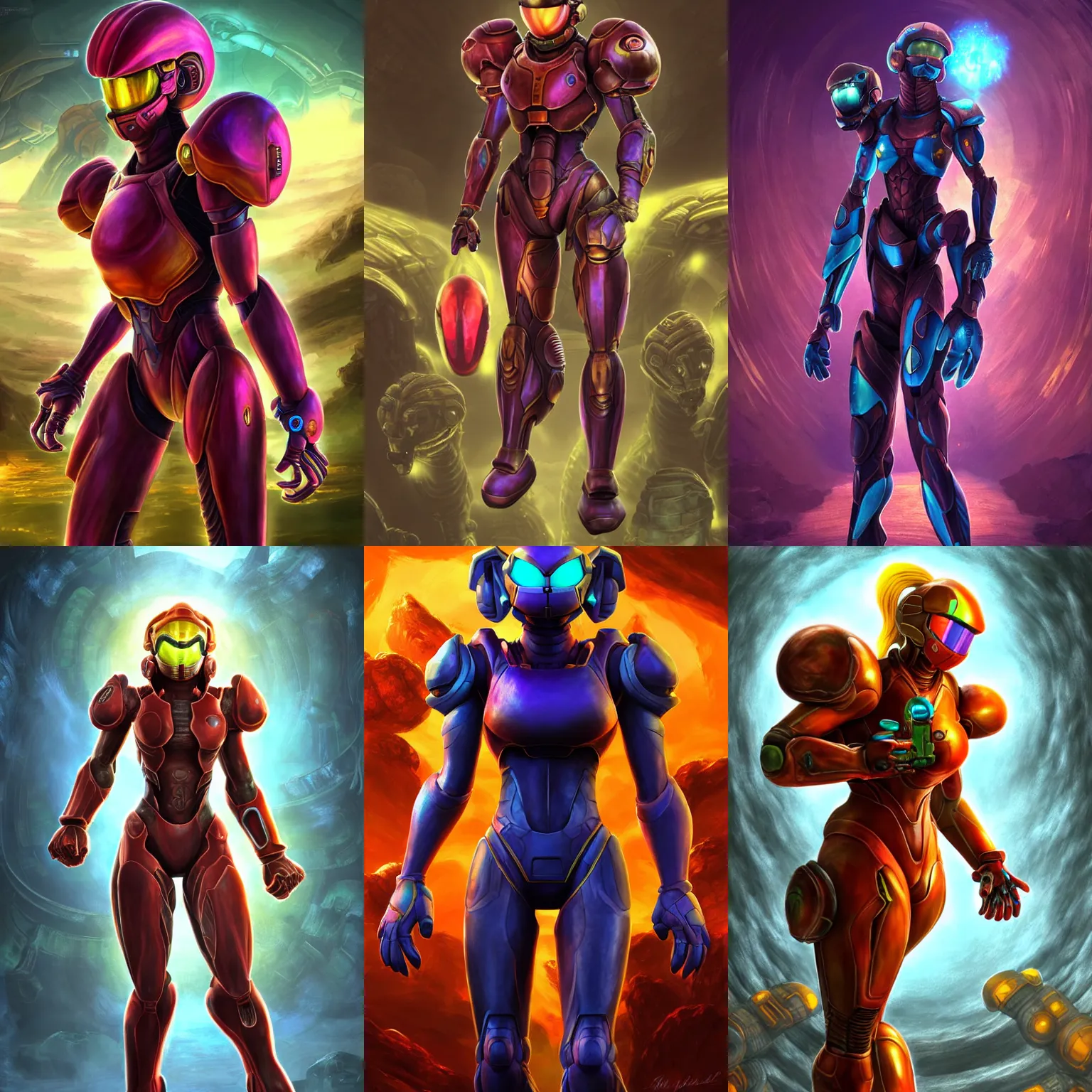 Prompt: character portrait of samus aran from metroid wearing the gravity suit walking through an ancient predator temple, 8 k, realistic shading, symmetrical face details, digital painting, matte painting, concept art, illustration, metroid, halo infinite, good value control, vibrant colors, john singer sargent
