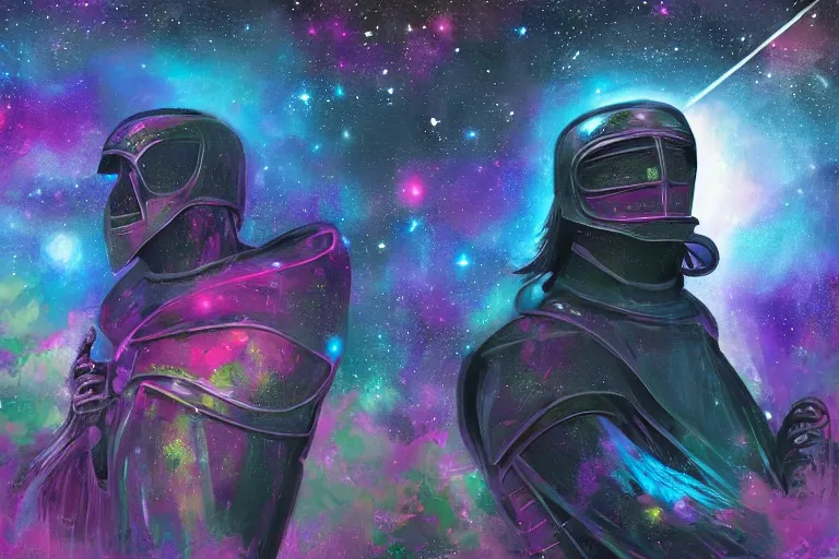 Image similar to digital art of a spiritual medieval knight looking up at the stars, acrylic art, universe, painting, pastel colors, synthwave, retro, cyberpunk,