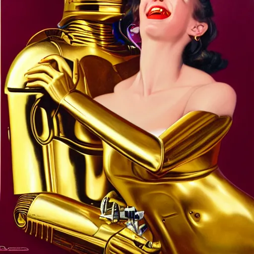 Image similar to a reclining c3po with a smiling female human face by Gil Elvgren, holding a smoking ray-gun, full body