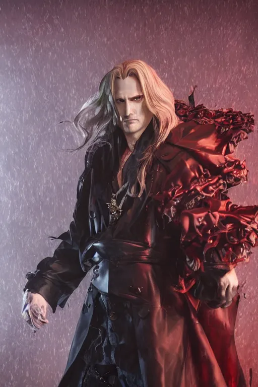 Image similar to a regal studio portrait of alucard set against a black background by ayami kojima, detailed, photorealistic, volumetric lighting, studio lighting, cgi