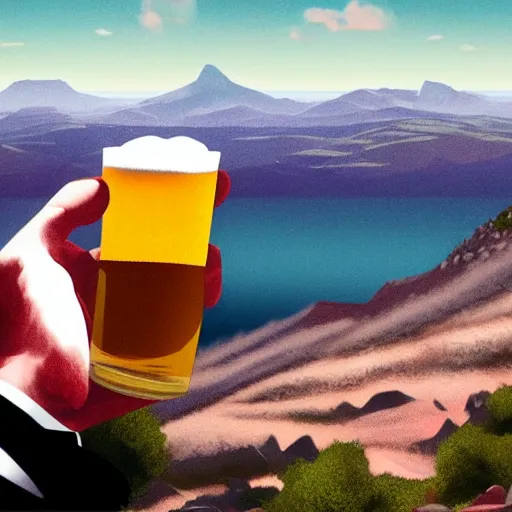 Image similar to Tom hanks at the top of a mountain, scenic view, holding a beer!!, digital art, gta 5 cover art, trending on artstation