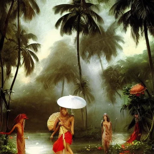 Image similar to monsoon on tropical island, oriental goddess in white, elegant, frontal, ornate, beautiful, atmosphere, vibe, mist, coconuts, rain, wet, pristine, puddles, melting, dripping, snow, creek, lush, ice, bridge, forest, roses, flowers, by stanley artgerm lau, greg rutkowski, francisco de goya