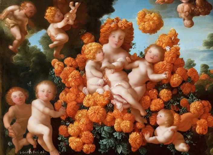 Prompt: cheeto's, extremely detailed, cheeto's surrounded by flowers and cherubs, a baroque painting, rococo style