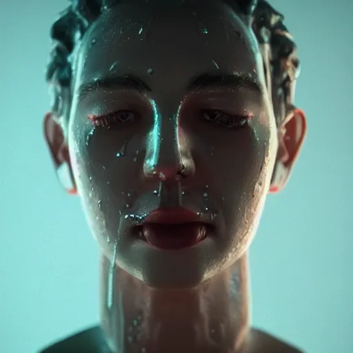 Image similar to a human made out of rain, neon, rendered in octane, unreal engine, highly detailed, realistic, beautiful, emotional