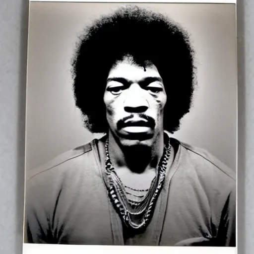 Image similar to Mugshot Portrait of Jimi Hendrix, taken in the 1970s, photo taken on a 1970s polaroid camera, grainy, real life, hyperrealistic, ultra realistic, realistic, highly detailed, epic, HD quality, 8k resolution, body and headshot, film still, front facing, front view, headshot and bodyshot, detailed face, very detailed face