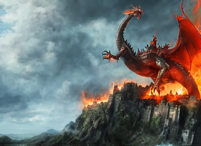 Image similar to giant fire dragon attacking a castle, highly detailed, 4 k, hdr, award - winning, directed by zack snyder, trending on art station, matte