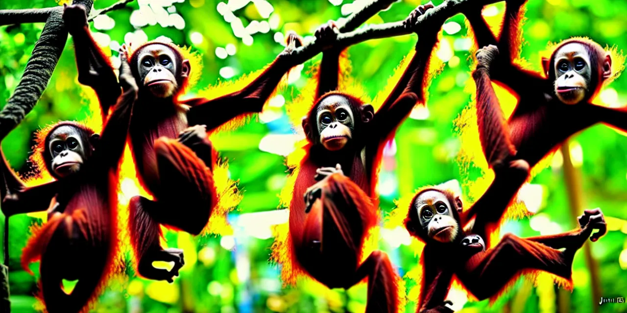 Prompt: graffiti art of baby orangutans playing in the rainforest jin yong