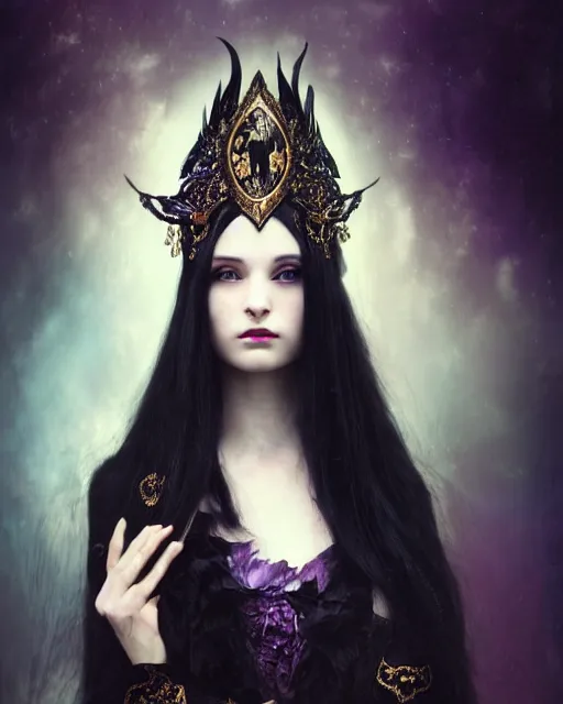 Image similar to a beautiful image of a young woman, Liliana vess the last hope, long flowing black hair, ornate headdress, Victorian purple and black costume, young female face, cinematic top lighting, insanely detailed and intricate, face by wlop, Charlie Bowater, golden ratio, symmetric, elegant, ornate, luxury, elite, matte painting, cinematic, trending on artstation, deviantart and cgsociety, 8k, high resolution