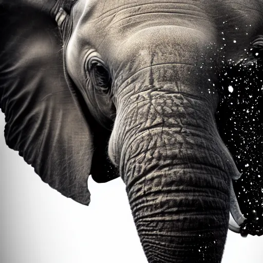 Image similar to Underwater shot of a baby elephant's head, water bubbles, particulate, extremely detailed, studio lighting