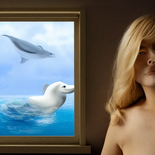 Image similar to a hyper realistic image of a very beautiful blond girl standing near a window, she is facing the camera, a Beluga is swimming in the sky