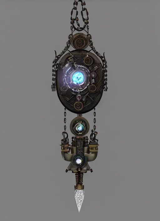 Image similar to steampunk amulet with diamond jewel and small steam tubes, volumetric lightning, octane render, realistic fog, extremely high detailed