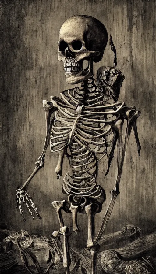 Image similar to full - body portrait of a creepy realistic human skeleton wearing many black snakes and other reptiles as clothing sitting in an old abandoned wooden house, painting, dark surrealism, german romanticism style, ornate and elegant, hightly detailed