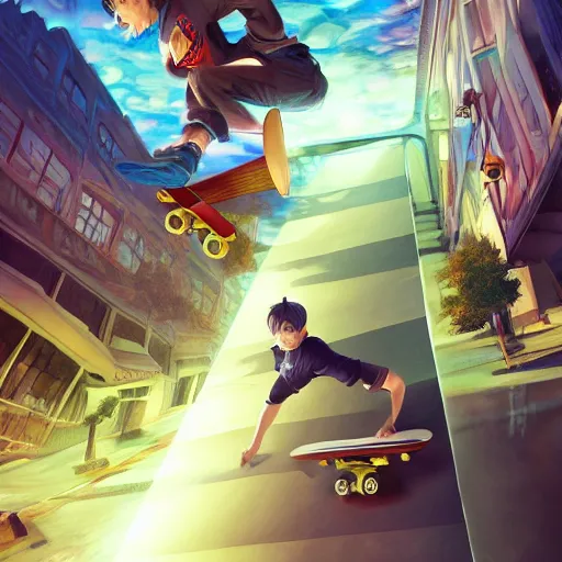 Image similar to skateboarding with friends when a dimensional rift opens up, in the style of artgerm Hiroya Oku Riyoko Ikeda, 3d render, artstation trending, 8k, octane render, photorealistic, sharp detail, manga