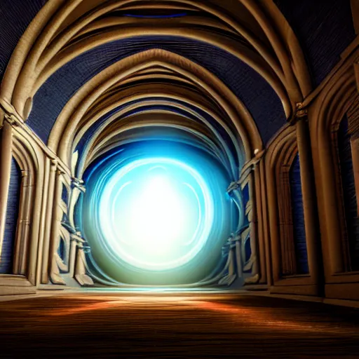 Prompt: wormhole opening up inside a cathedral. fantasy. octane render.