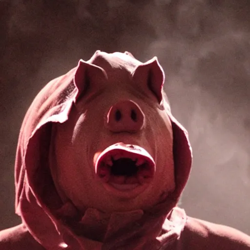 Prompt: creppy 2 0 0 3 photo of a pig masked man screaming in a dark red slaughterhouse