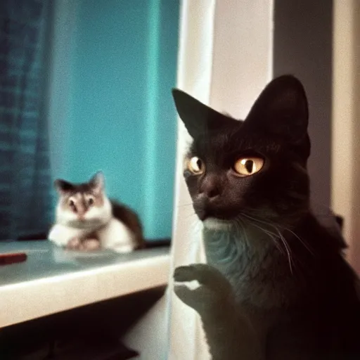 Image similar to alien with cat ears in soviet apartment, top secret style, realistic photo, cinestill 8 0 0 t, 1 9 7 0 s, color