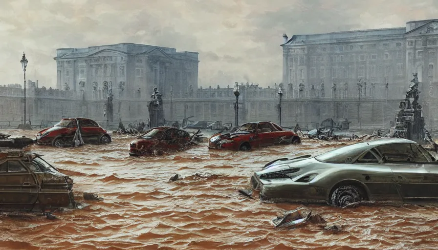 Prompt: A detailed render of a post apocalyptic scene of Buckingham palace in London ruined and devastated by flooding, broken down rusty london buses in flood water, sci-fi concept art, by Syd Mead, highly detailed, oil on canvas