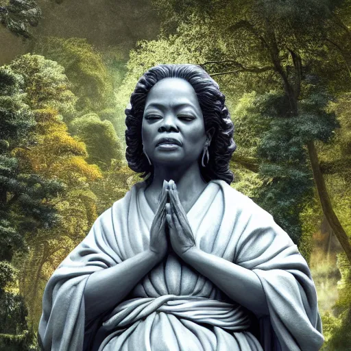 Image similar to marble statue of oprah winfrey meditating in a rococo japanese garden, accurate details, detailed full body, dramatic, intricate, elegant, highly detailed, digital painting, artstation, concept art, sharp focus, illustration, art by gustave dore, octane render