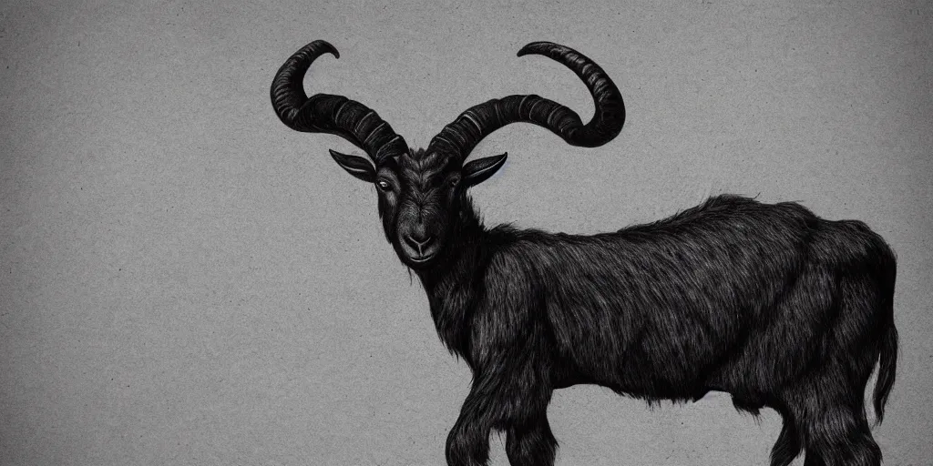 Image similar to full body shot of a large goat with the horns shaped like an axe head, pencil drawing, illustration, black and white, artstation