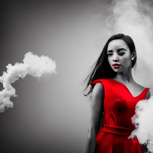 Prompt: a detailed portrait photo of elegant young woman who turns into smoke, noire photo, grayscale photo with red dress, photo by Michael David Rock, 8K, 50mm lens