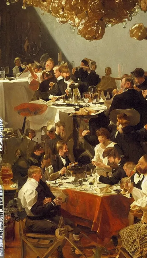 Prompt: still life painting of party hit by asteroid, by Peder Krøyer, golden hour, dramatic lighting, epic, gargantuan, intricate detail, canvas print