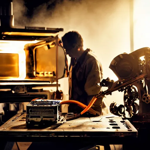 Image similar to technician repairing head of toaster oven mecha, dark messy smoke - filled cluttered workshop, dark, dramatic lighting, orange tint, cinematic, highly detailed, sci - fi, futuristic, movie still