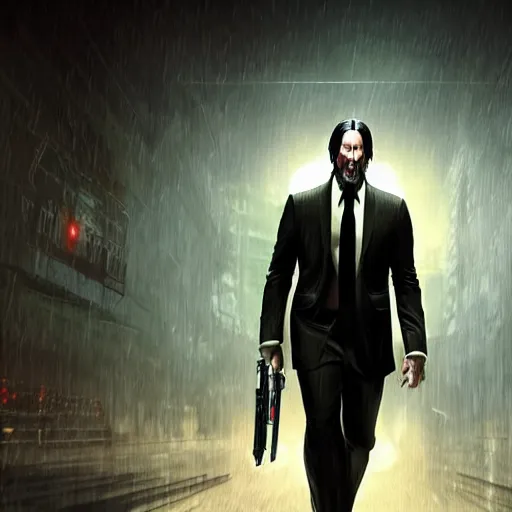 Image similar to john wick as agent 47, artstation hall of fame gallery, editors choice, #1 digital painting of all time, most beautiful image ever created, emotionally evocative, greatest art ever made, lifetime achievement magnum opus masterpiece, the most amazing breathtaking image with the deepest message ever painted, a thing of beauty beyond imagination or words, 4k, highly detailed, cinematic lighting