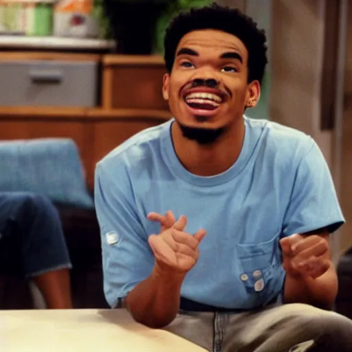 Image similar to a tv still of Chance The Rapper starring as a black college student at Jones College Prep in a 1993 sitcom