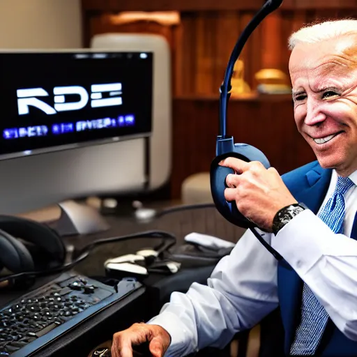 Prompt: Joe Biden Twitch gamer, gaming headset, sitting on gamer chair, pc gamer