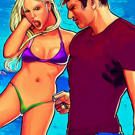Prompt: SNES graphics playing Xbox 360 but it's a Sega Genesis making out with Britney Spears in GTA, cover art by Stephen Bliss, artstation