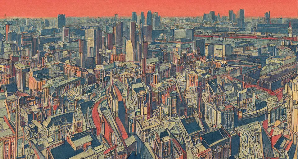 Prompt: color sketch of the london skyline, highly detailed, dramatic lighting, intense shadows, rich deep colours, by feng zikai yun shouping