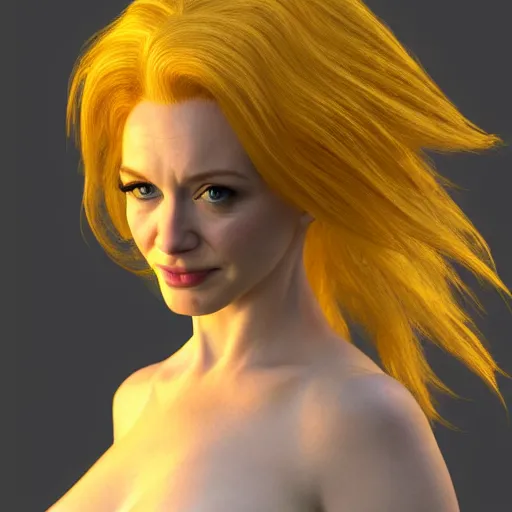 Prompt: Christina Hendricks Turning to super Saiyan, realistic 3d render,