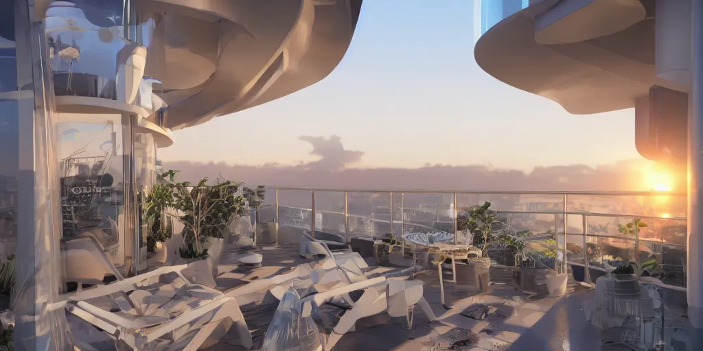 Image similar to futuristic holiday balcony apartments that are inspired by the form of acanthus mollis flowers. sunset. artstation. cinematic. 4 k.