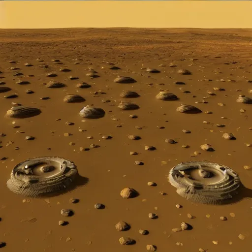 Prompt: mars landscape with futuristic colony pods