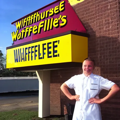 Image similar to wafflehouse employee's standing below wafflehouse sign